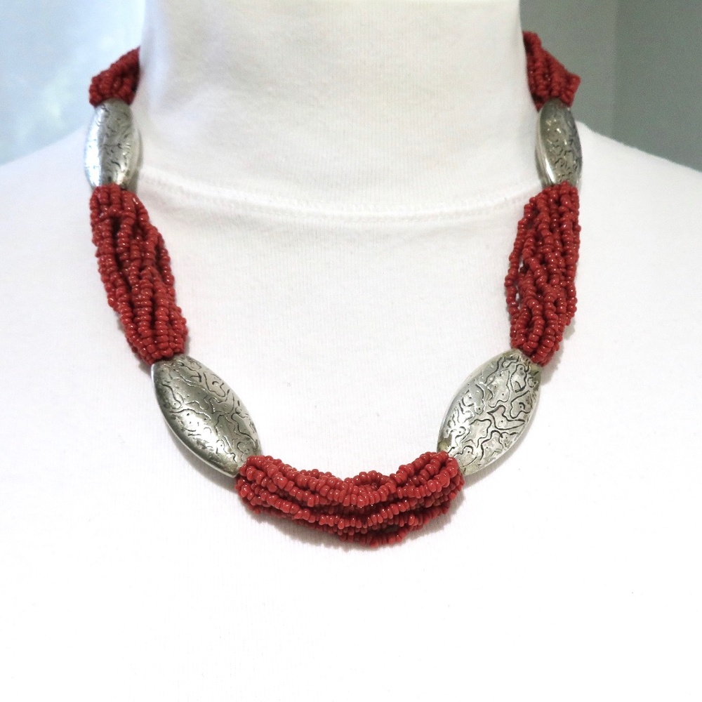 Boho Coral Red Seed Bead Necklace, SW, Chico’s